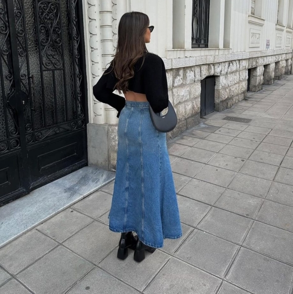 ZARA * HIGH-WAIST ZW LONG DENIM SKIRT FLARED FADED BLUE BLOGGER - Picture 10 of 16